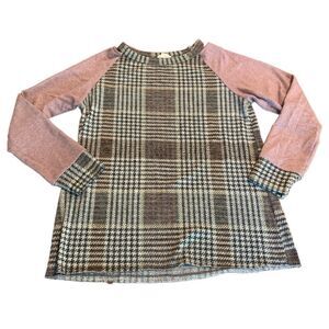 143 Story by Line Up Plaid Contrast Raglan Sleeve Cold Shoulder Sweater Top S